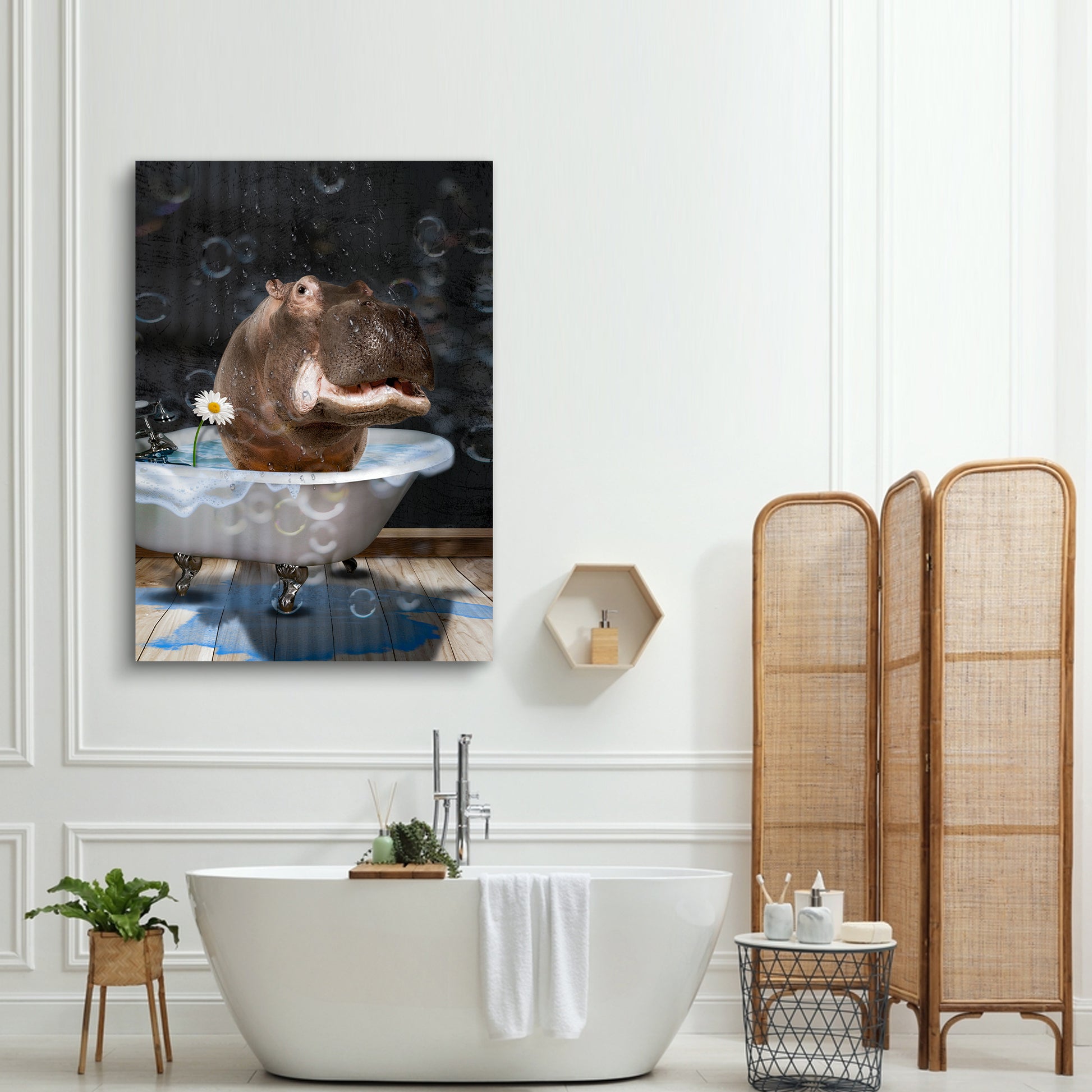 Bathtub Hippo Retro Elegance Canvas Wall Art