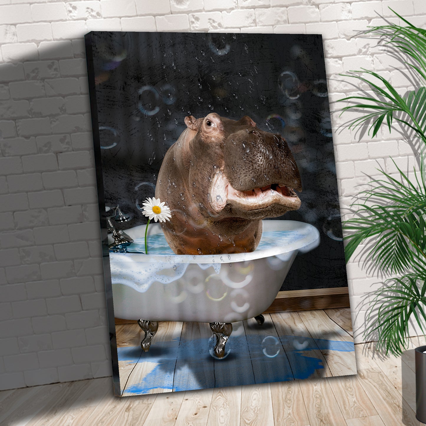 Bathtub Hippo Retro Elegance Canvas Wall Art