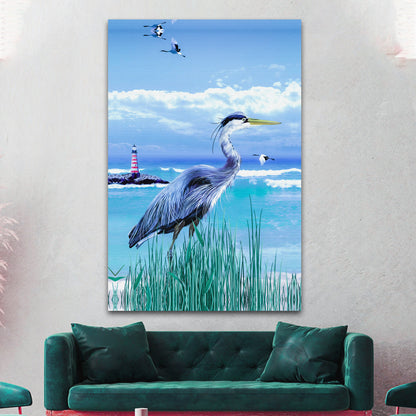 Blue Heron Coastal Portrait Canvas Wall Art