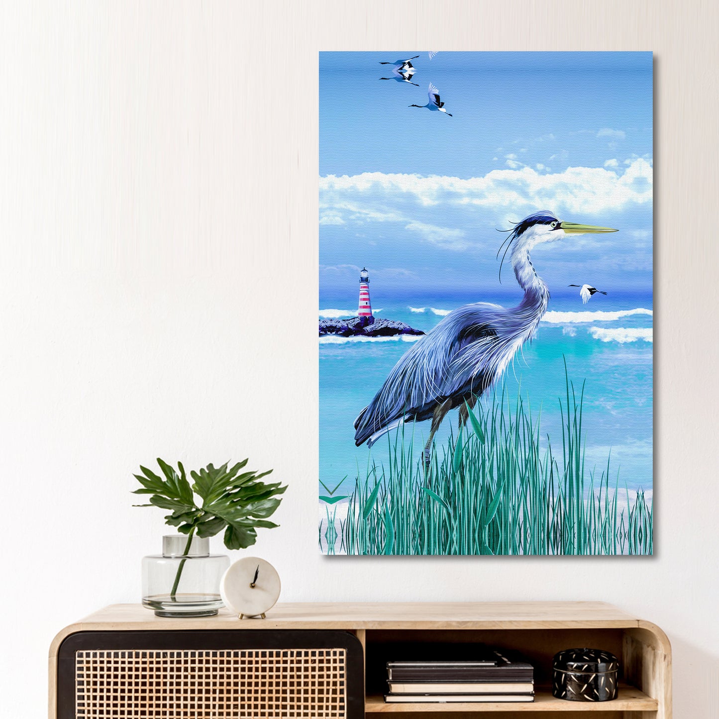 Blue Heron Coastal Portrait Canvas Wall Art