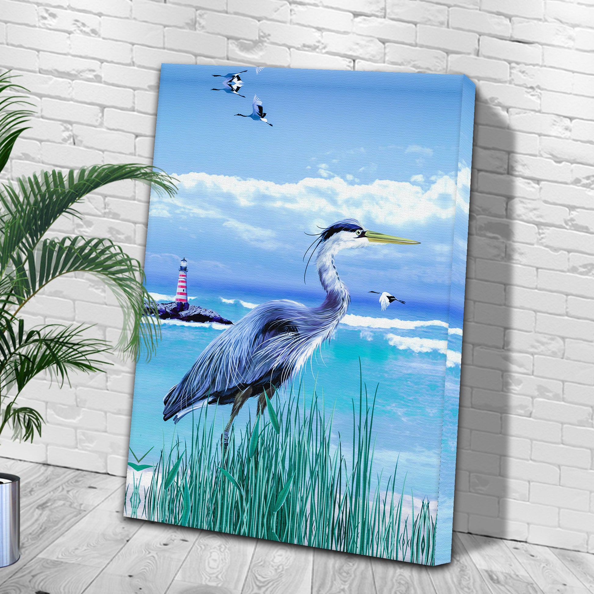 Blue Heron Coastal Portrait Canvas Wall Art