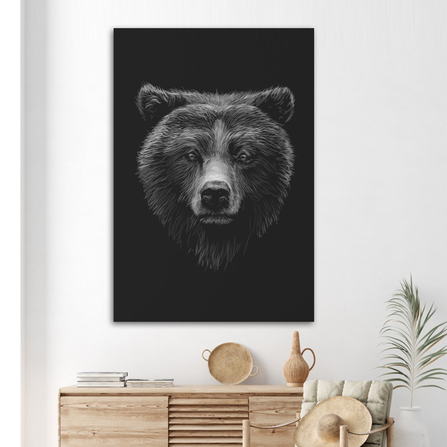 Monochromatic Woodland Bear Canvas Wall Decor with Wildlife