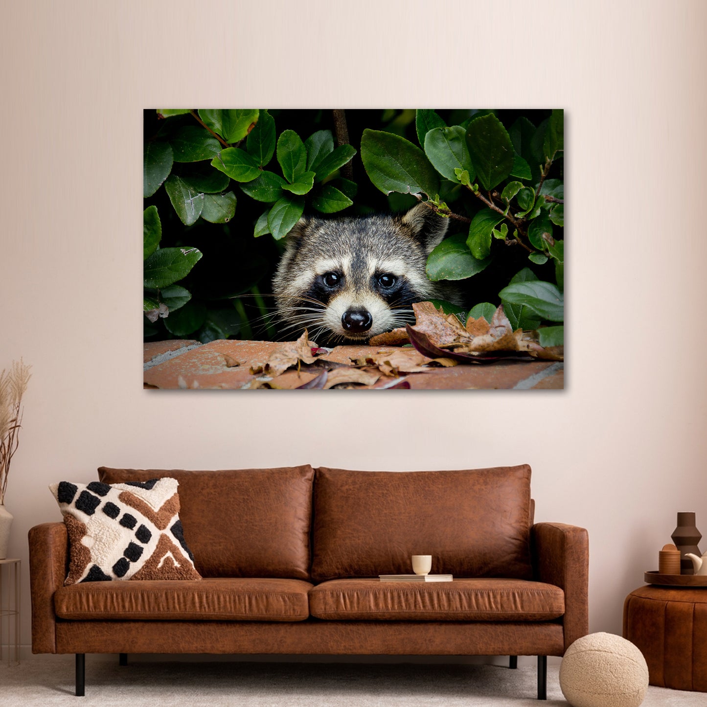 Peek-a-Boo Raccoon Canvas Wall Art in the Woods