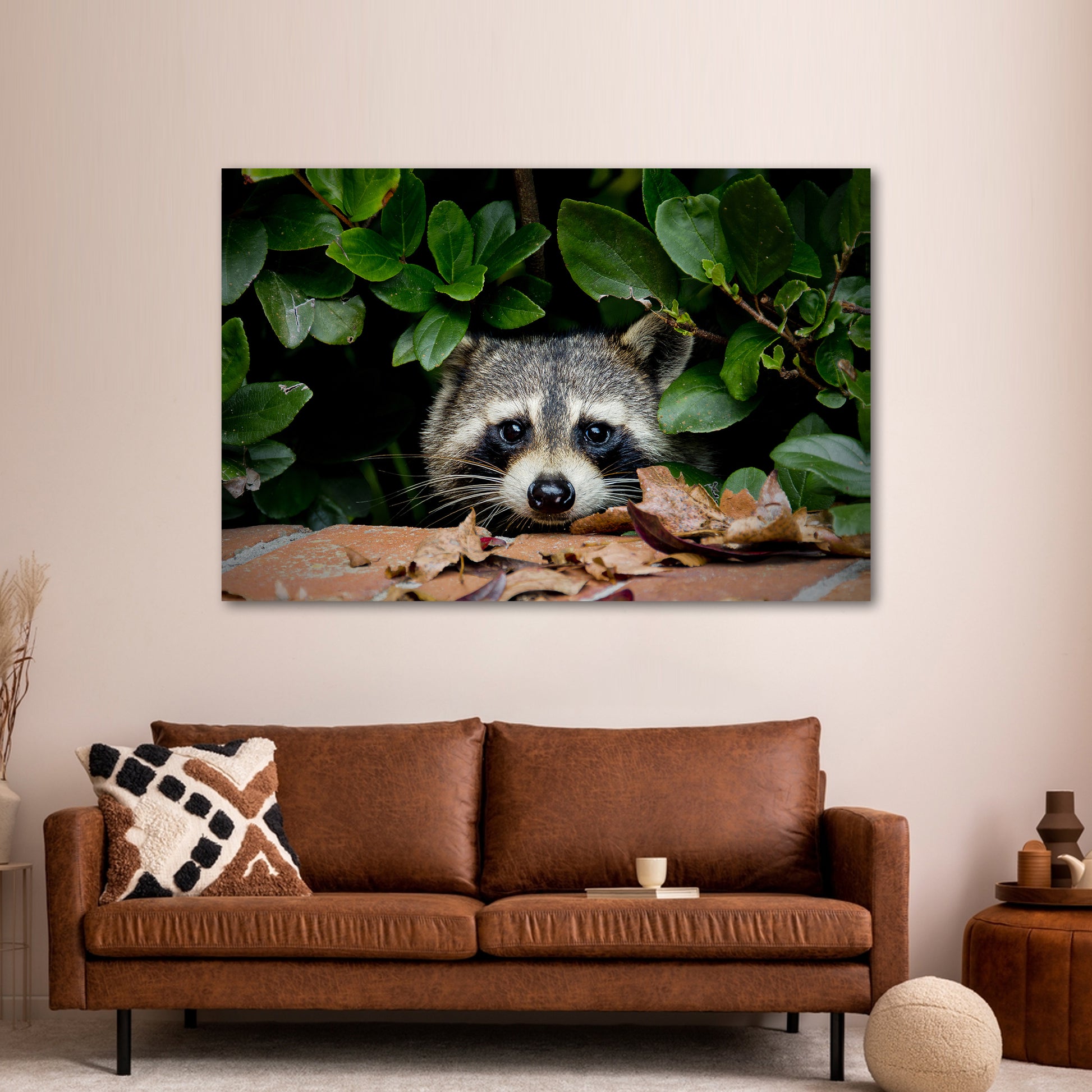 Peek-a-Boo Raccoon Canvas Wall Art in the Woods