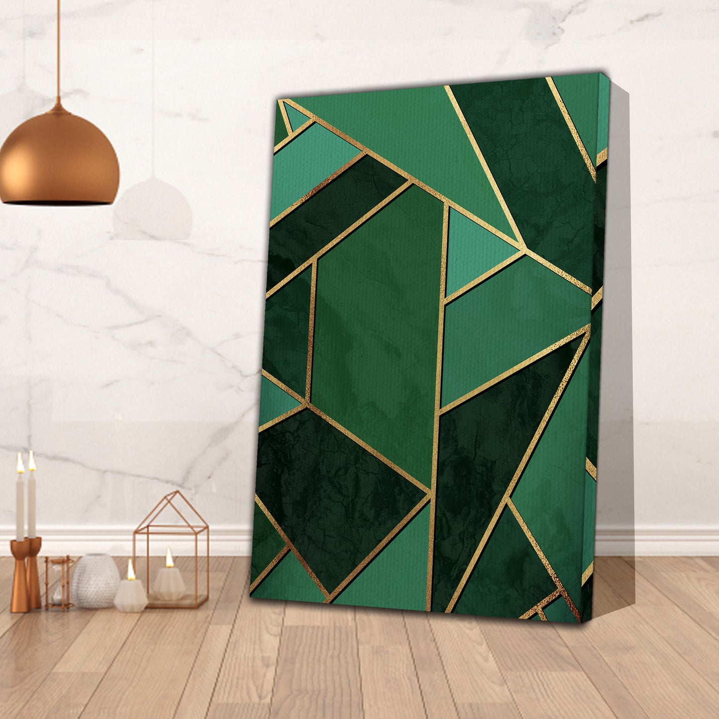 Canvas Wall Art with Abstract Emerald and Gilded Lines