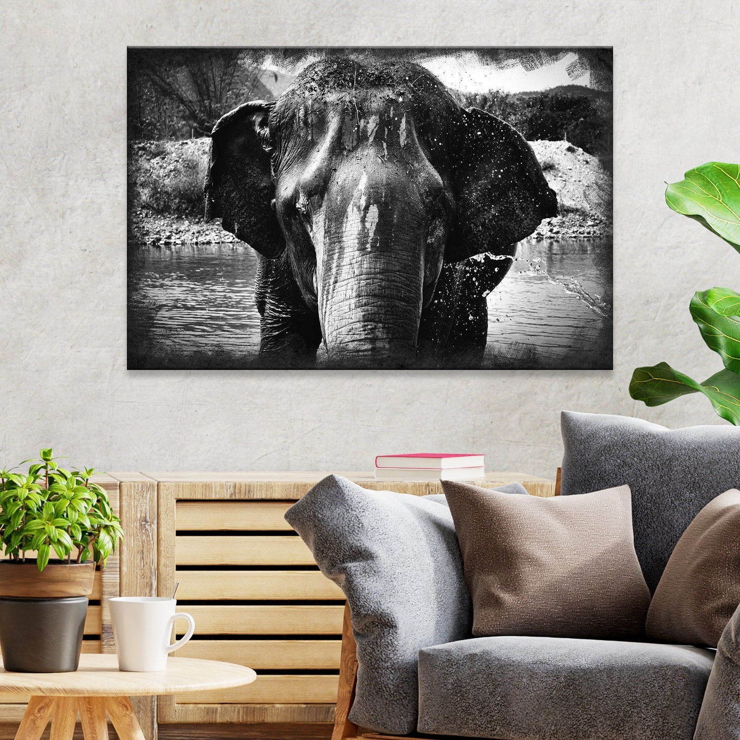 Wet Elephant in Black and White Canvas Wall Art