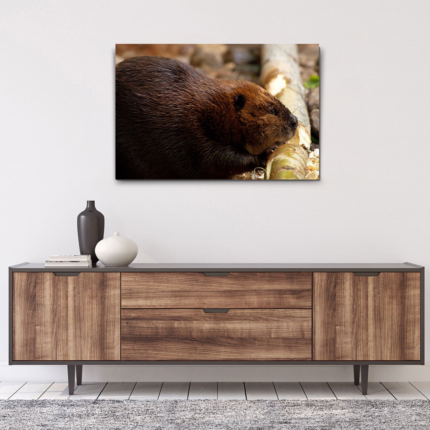 Beaver Feeding on Branch Canvas Wall Art in the Woods