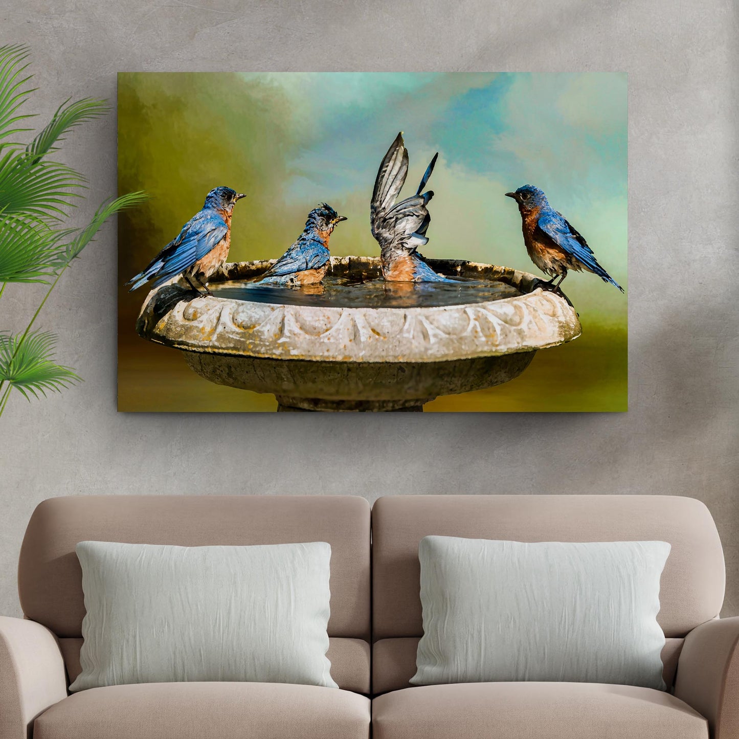 Bluebirds' Bath Time Canvas Wall Art