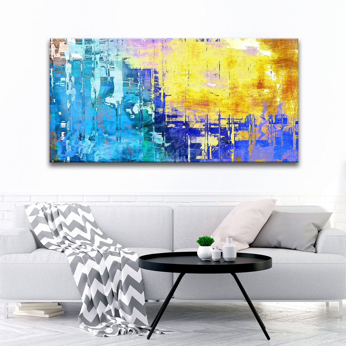 Gold Abstract Waves in Blue Canvas Wall Art