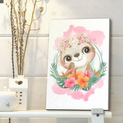 Sloth with a Flower Crown Canvas Wall Art in Nature