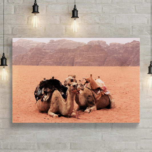 Wadi Rum Wonder  Camels in Wadi Rum Desert Canvas Wall Art