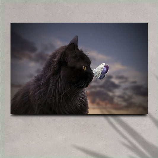 Whimsical Encounter  Black Cat and Butterfly Canvas Wall Art