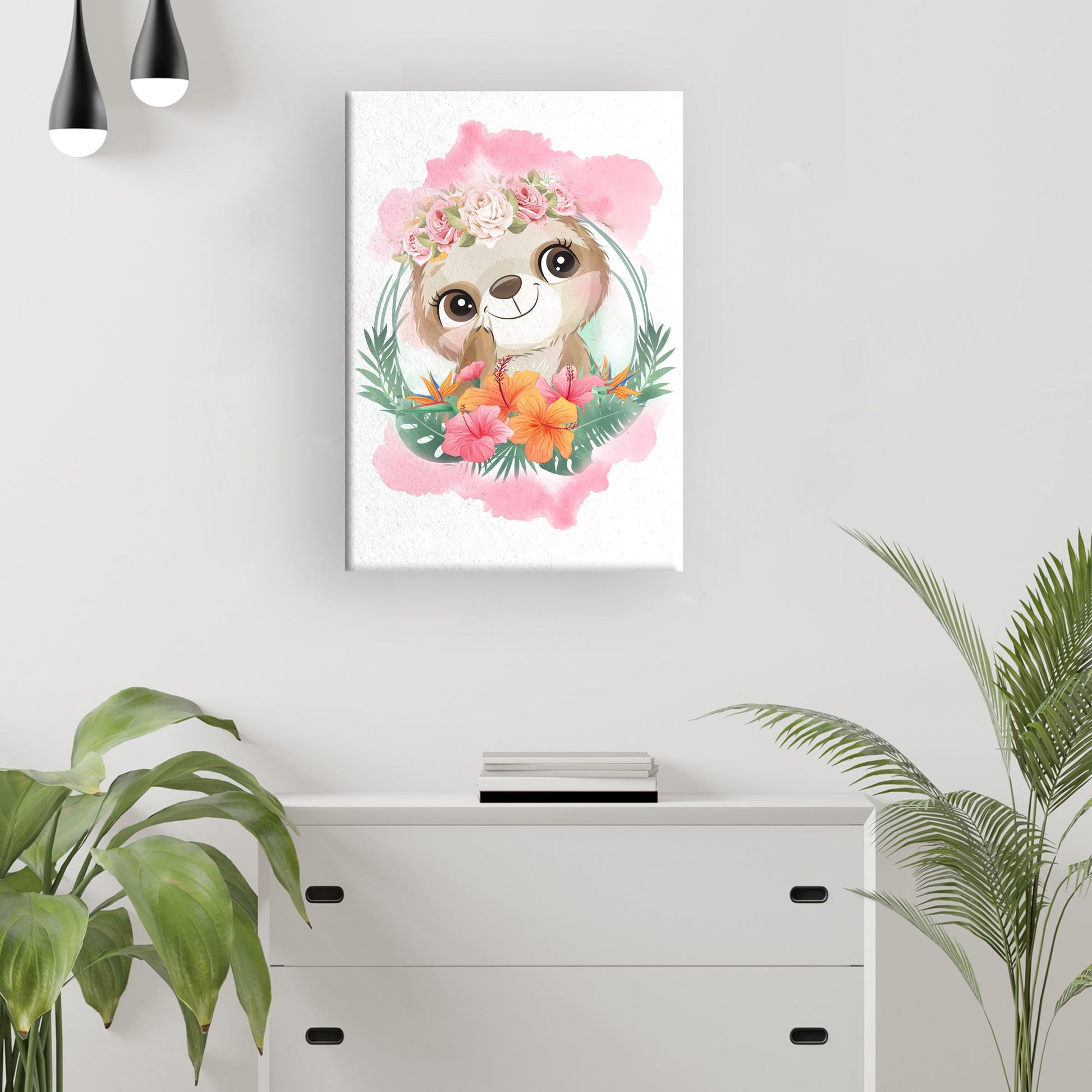 Sloth with a Flower Crown Canvas Wall Art in Nature