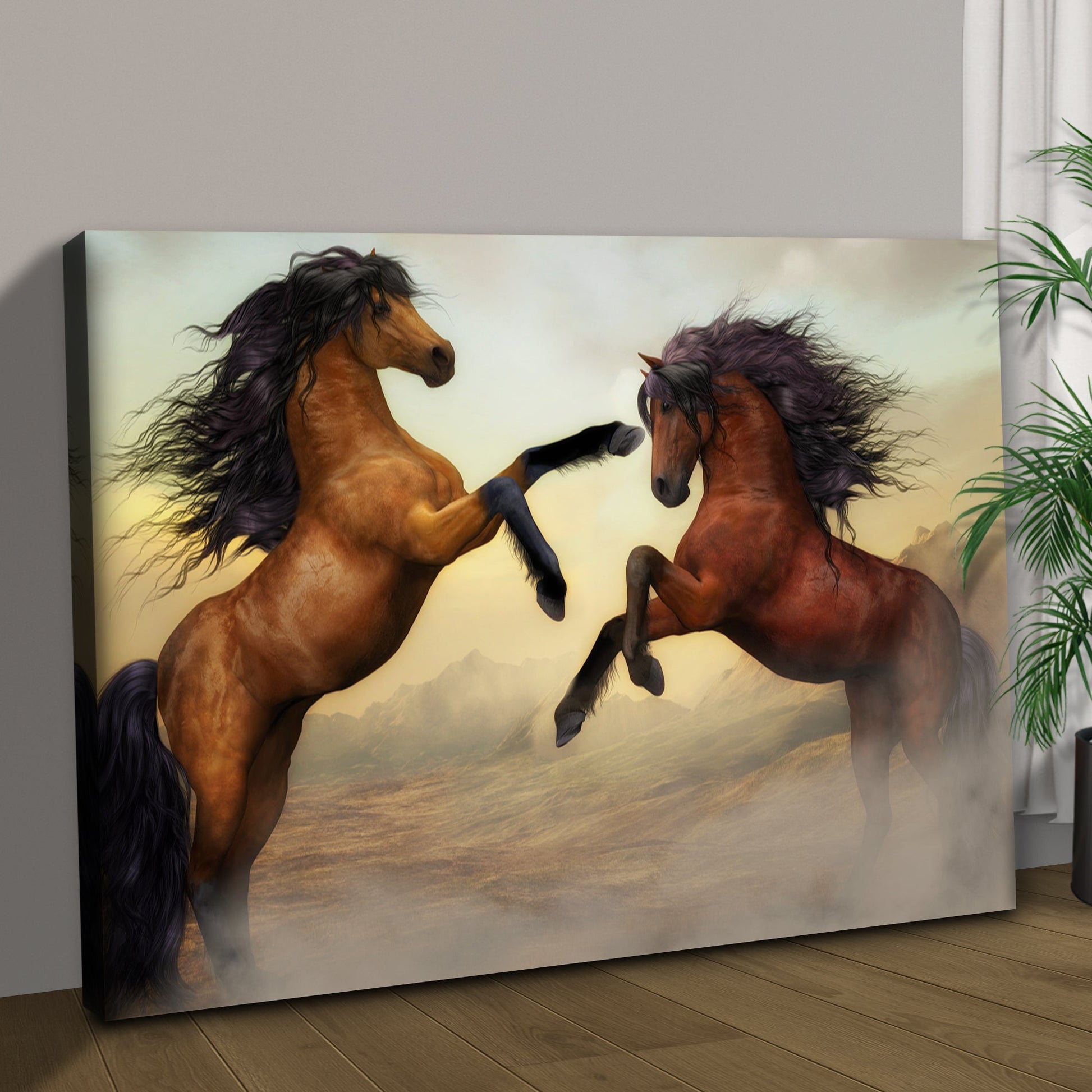 Wild Stallion Showdown Clashing Wild Horses Canvas Wall Art