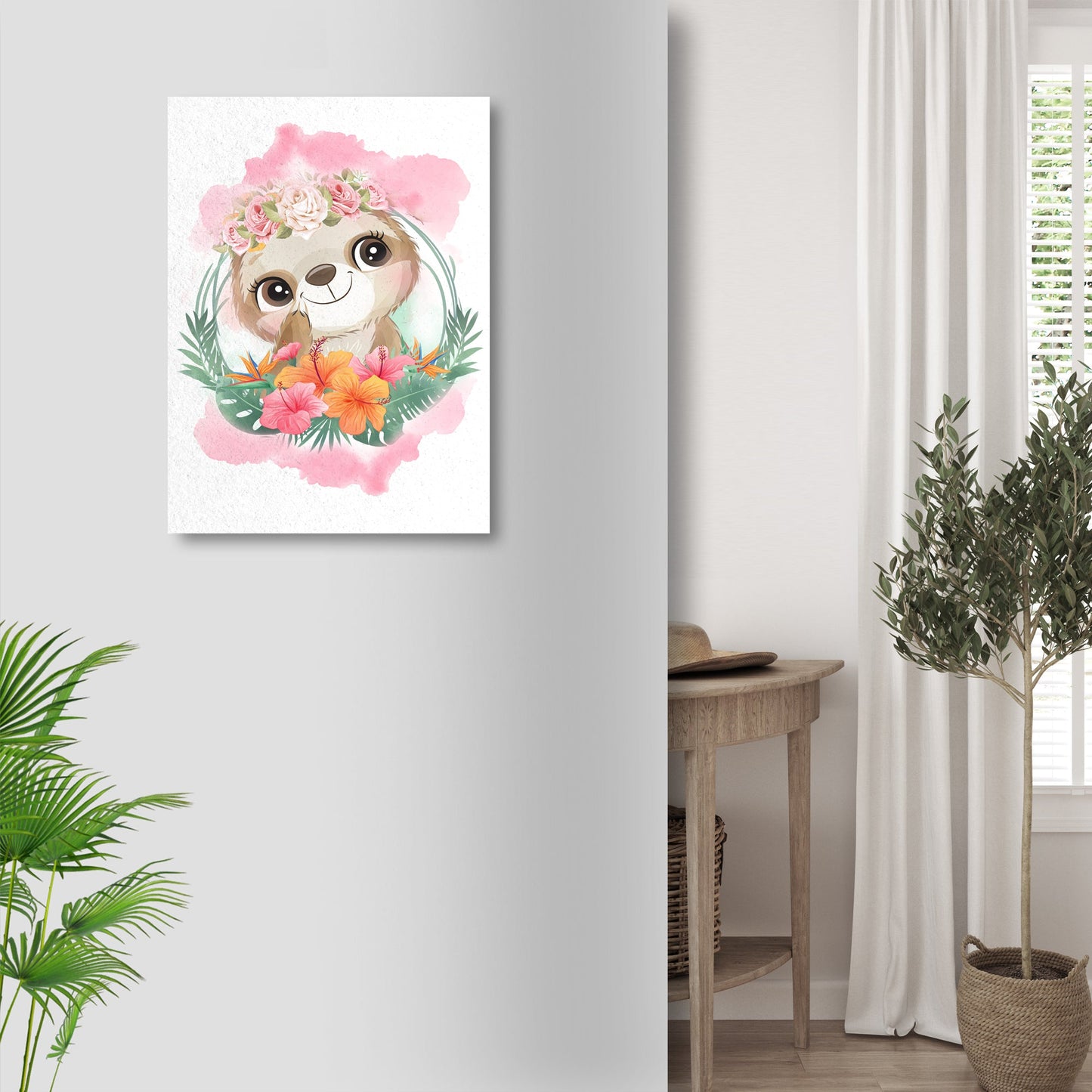 Sloth with a Flower Crown Canvas Wall Art in Nature