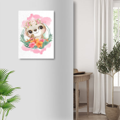 Sloth with a Flower Crown Canvas Wall Art in Nature