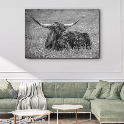 Longhorn Bull Majesty in Monochrome Canvas Wall Art