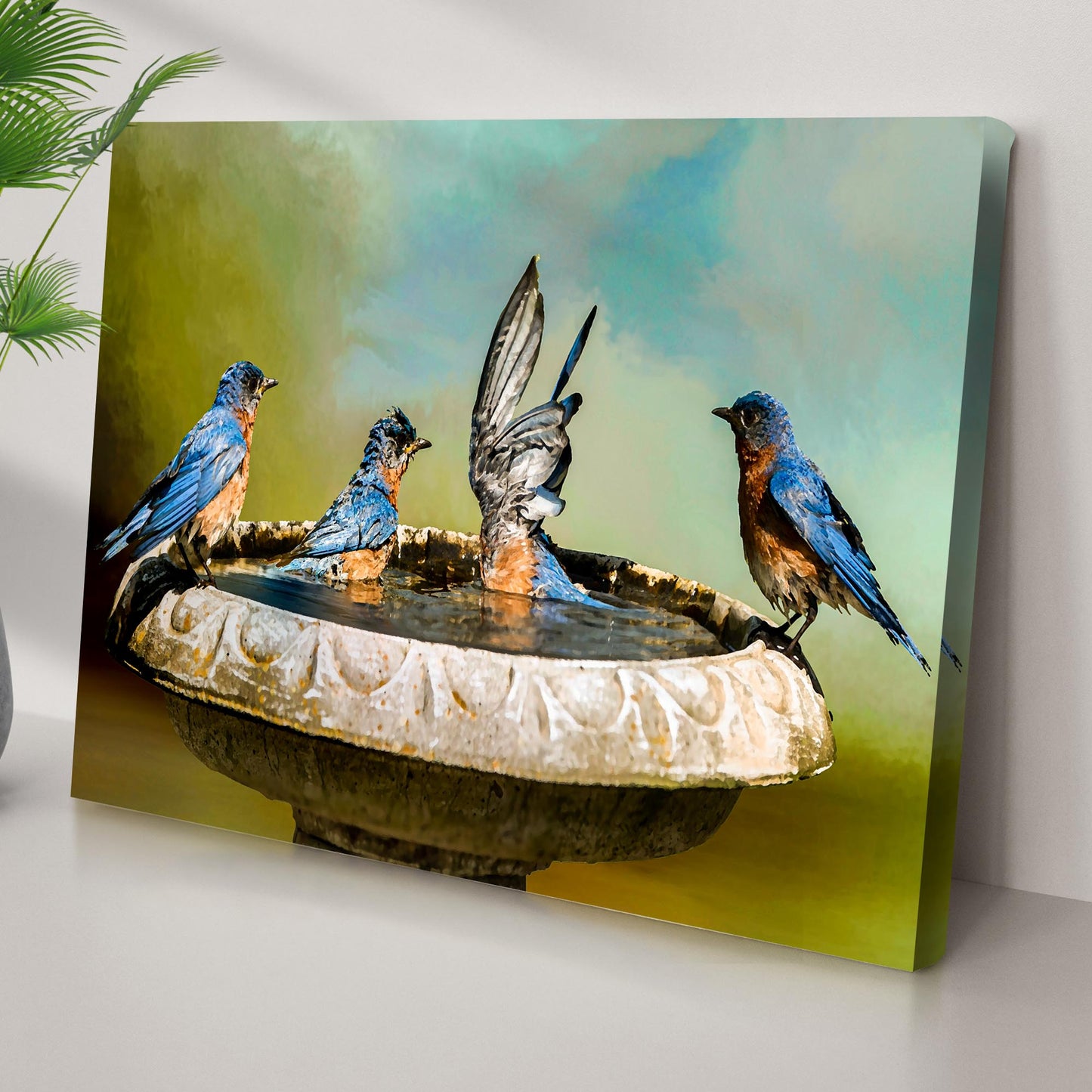 Bluebirds' Bath Time Canvas Wall Art
