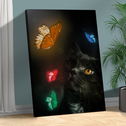 Butterfly Dreams  Black Cat with Colorful Butterflies Canvas Wall Art