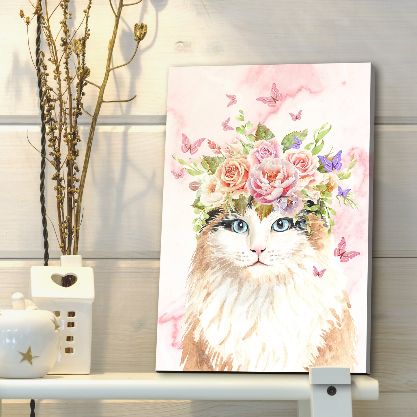 Cat's Blossoming Portrait in Monochrome Canvas Wall Art