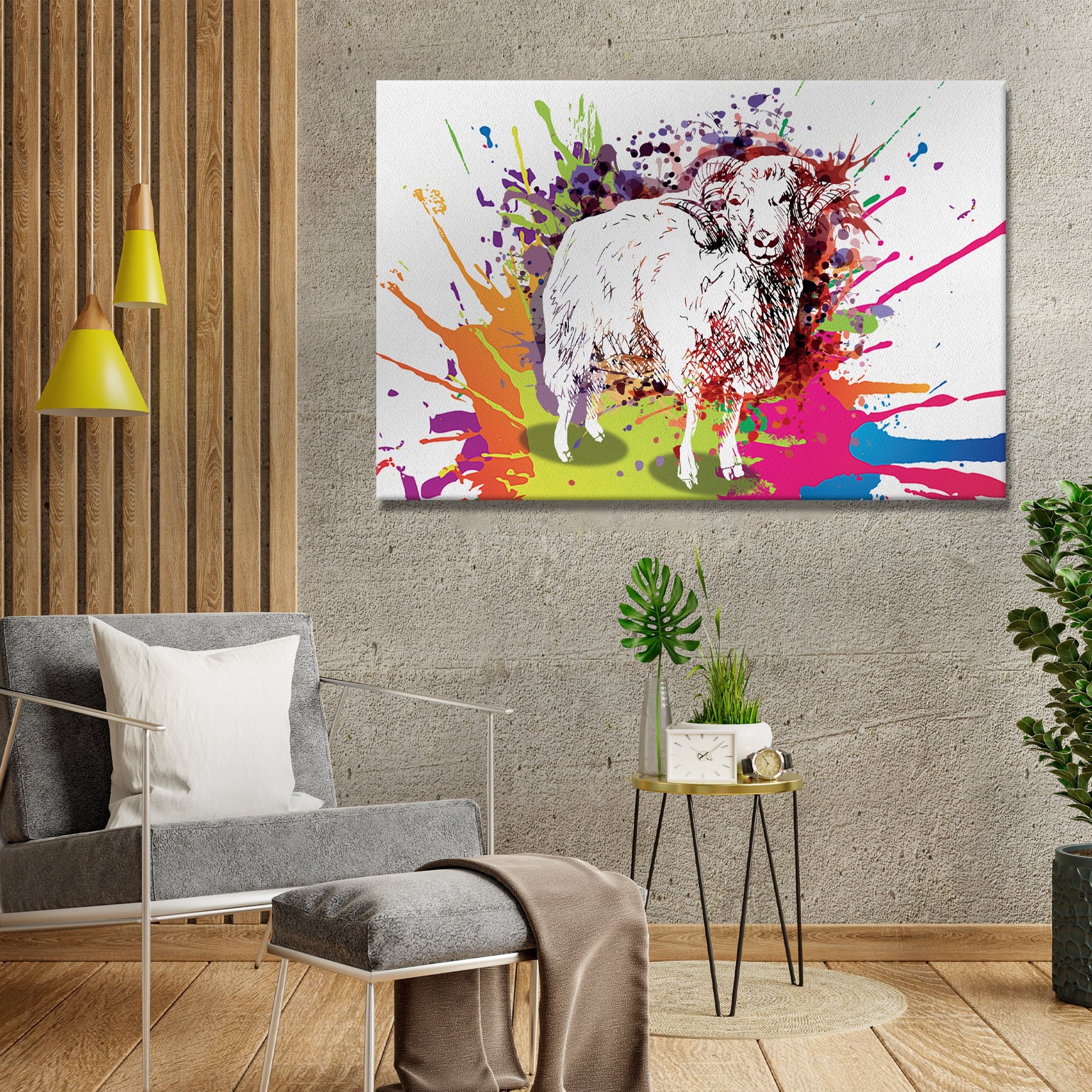 Splash of Wool Colored Sheep In Paint Splash Canvas Wall Art