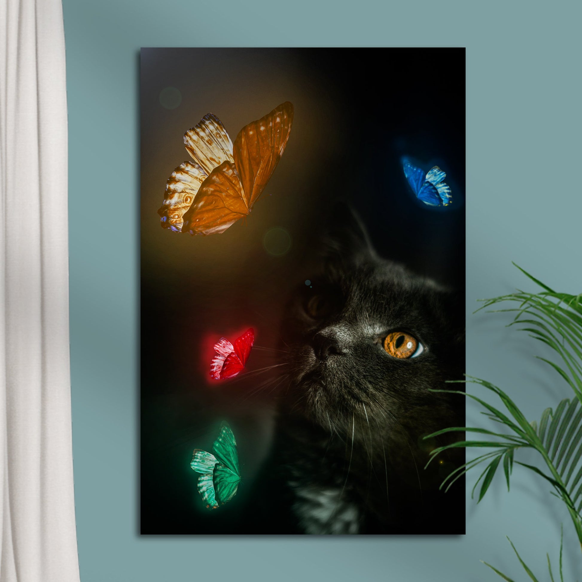 Butterfly Dreams  Black Cat with Colorful Butterflies Canvas Wall Art