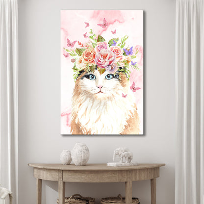 Cat's Blossoming Portrait in Monochrome Canvas Wall Art