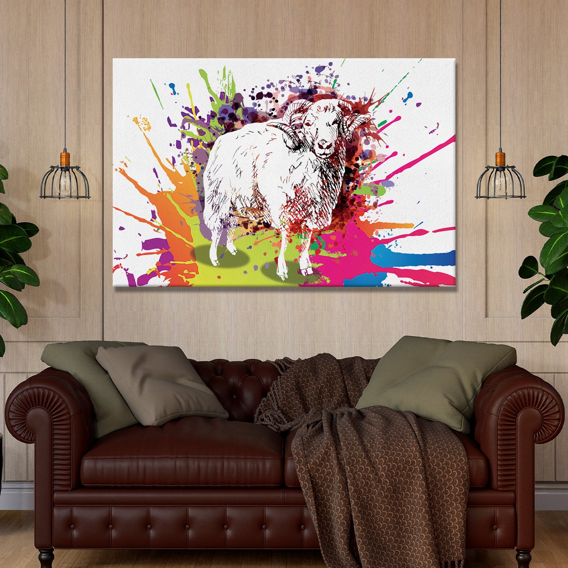 Splash of Wool Colored Sheep In Paint Splash Canvas Wall Art