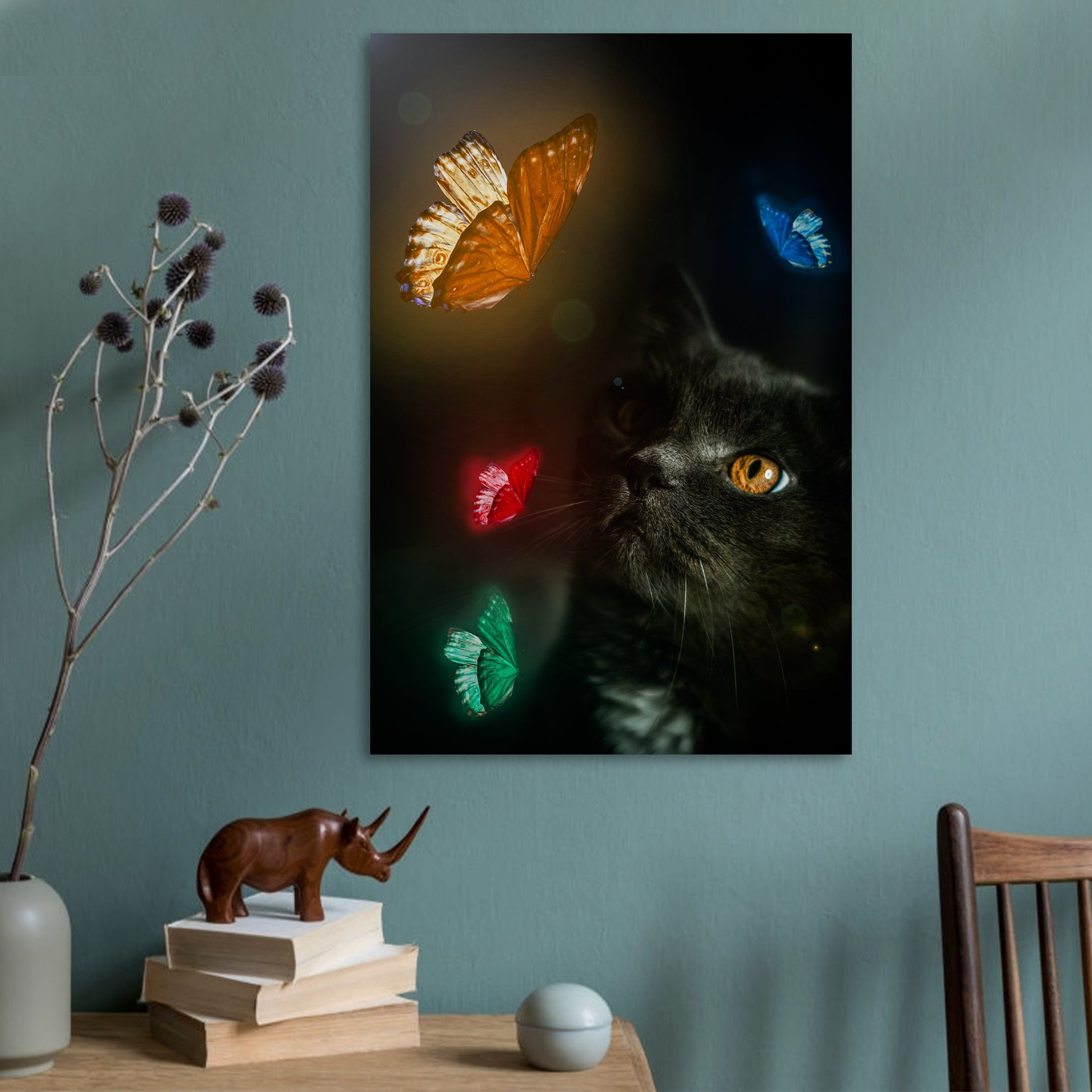 Butterfly Dreams  Black Cat with Colorful Butterflies Canvas Wall Art