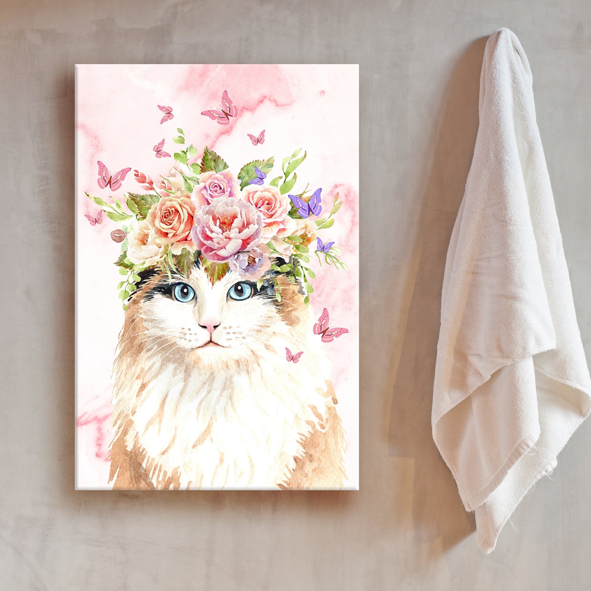 Cat's Blossoming Portrait in Monochrome Canvas Wall Art