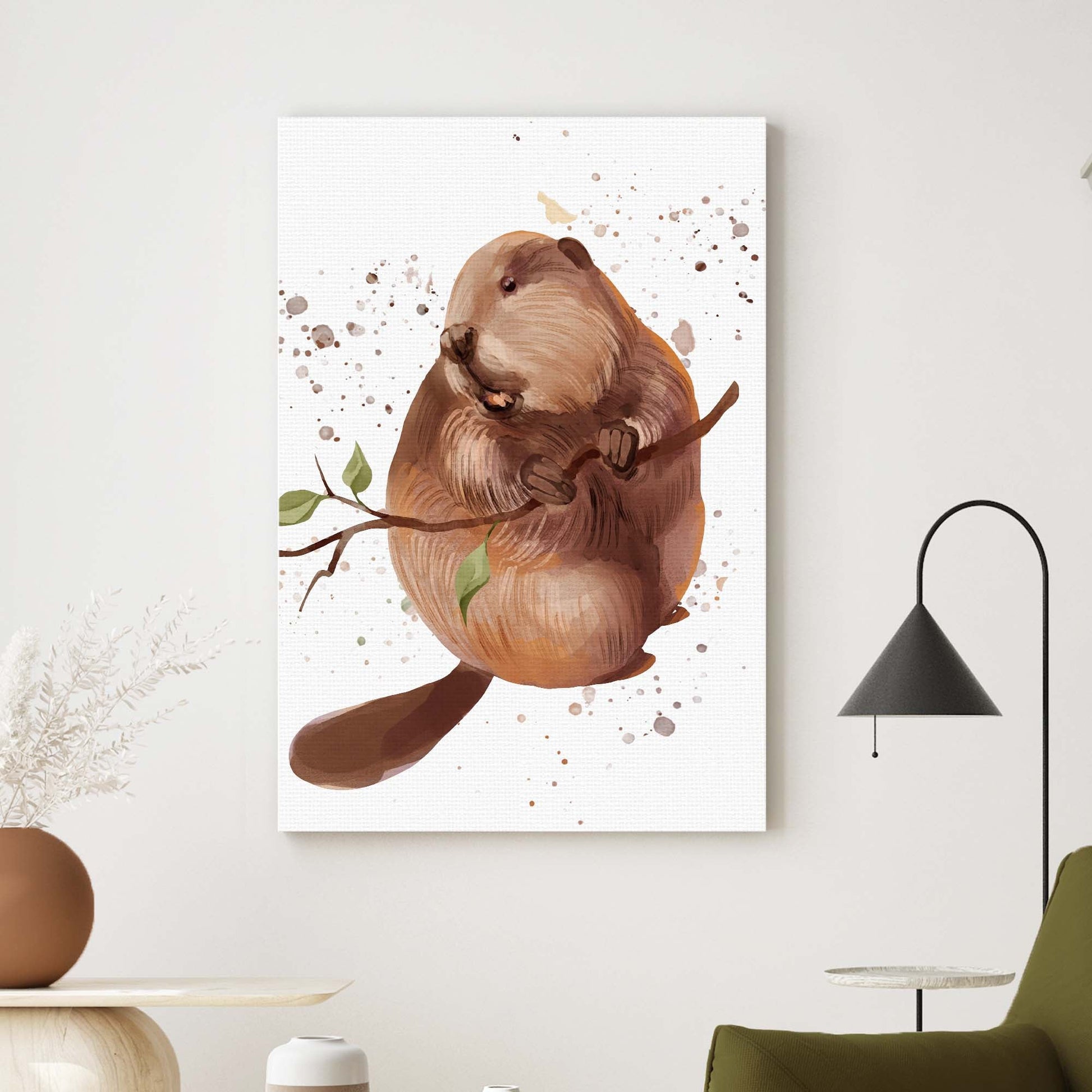 Beaver Nibbling on a Tree Canvas Wall Art in the Woods