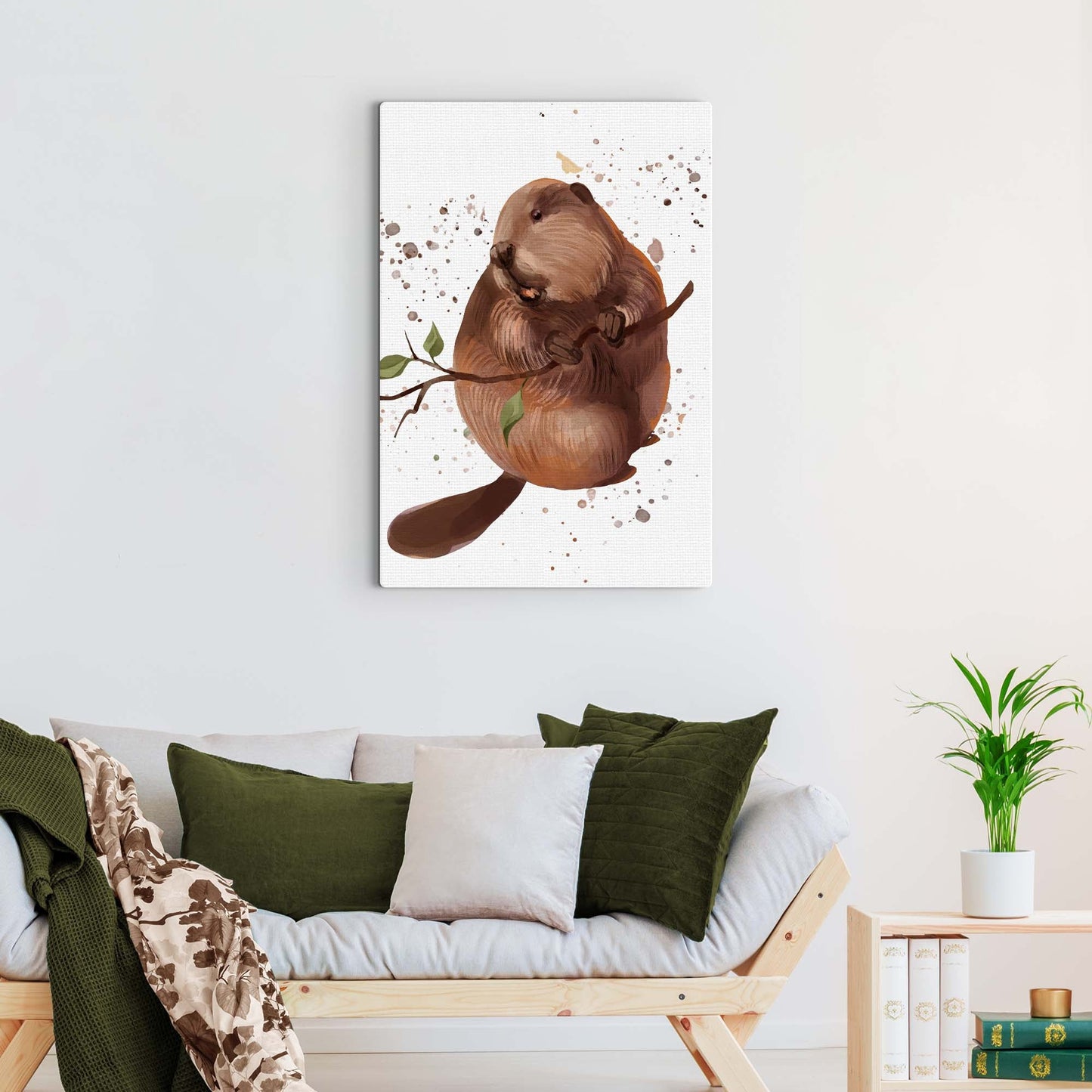 Beaver Nibbling on a Tree Canvas Wall Art in the Woods