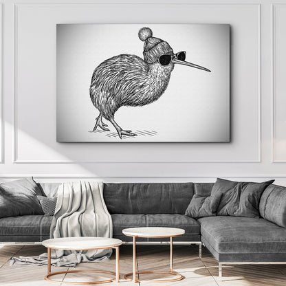 Kiwi's Perch in Monochrome Canvas Wall Art